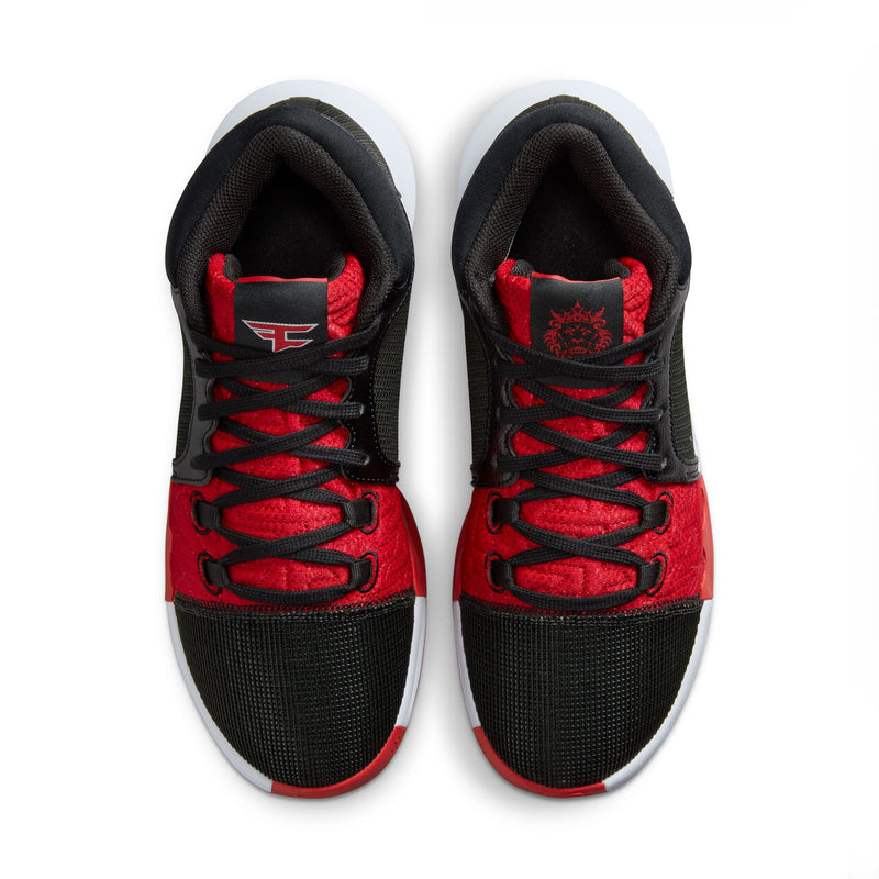 Nike LeBron Witness VIII x FaZe Clan basketball shoes, top view showcasing red and black mesh upper, lace system, and branded tongues.
