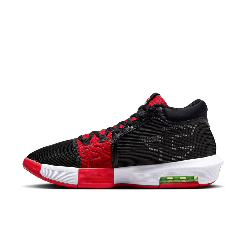 Nike LeBron Witness VIII x FaZe Clan basketball shoes in black, red, and white with mesh upper and visible Air cushioning, side view.
