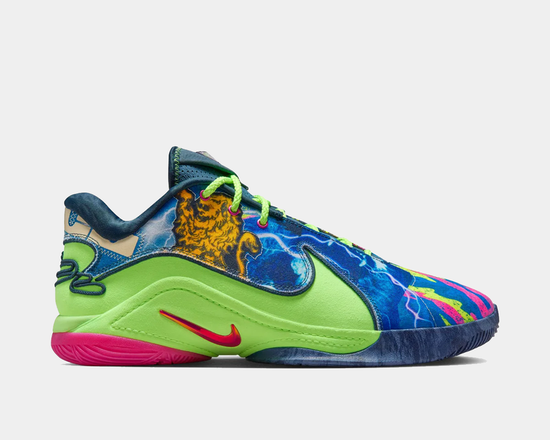 Nike LeBron XXII 'Bryce's World' basketball shoes, side view showing vibrant green and multicolor graphic upper with a red Swoosh logo and pink outsole accents.