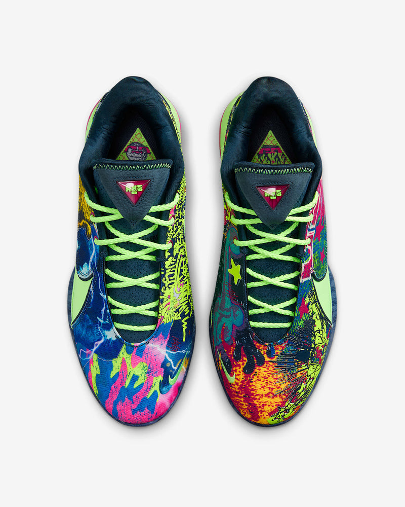 Nike LeBron XXII 'Bryce's World' basketball shoes with vibrant multicolor graphic uppers and neon green laces, top view.