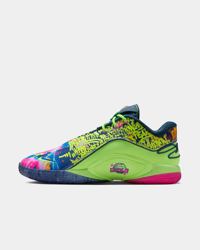 Nike LeBron XXII 'Bryce's World' basketball shoes, side view showcasing vibrant multicolor graffiti-inspired patterns with lime green overlays, neon laces, pink and blue outsole detailing.