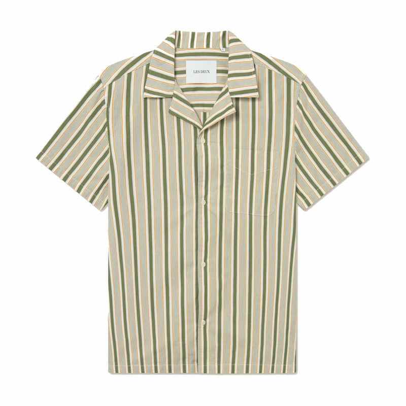 Les Deux Klark Stripe Poplin Short Sleeve Shirt (Chive Green/Thai Curry) - August Shop