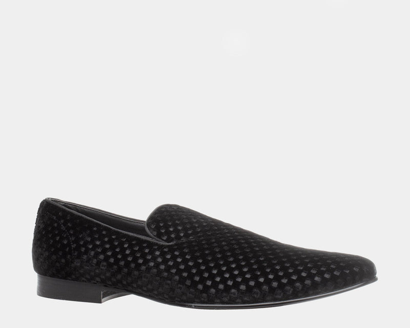 Steve Madden Lifted Velvet Slip-On Loafers in black with textured velvet upper and low stacked heel, side view.