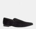 Steve Madden Lifted Velvet Slip-On Loafers in black with textured velvet upper and low stacked heel, side view.