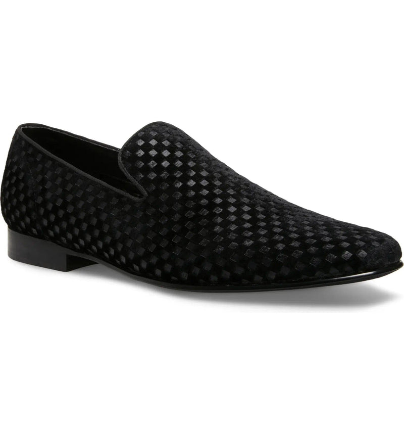 Steve Madden Lifted Velvet Slip-On Loafers in black with textured diamond pattern and low stacked heel, side view.