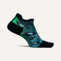 Feetures Limited Edition Elite Light Cushion No Show Tab Socks, multicolor abstract print with black accents, side view.