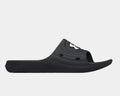Under Armour Locker IV SL slide sandals in black with textured footbed and perforated design, side view.
