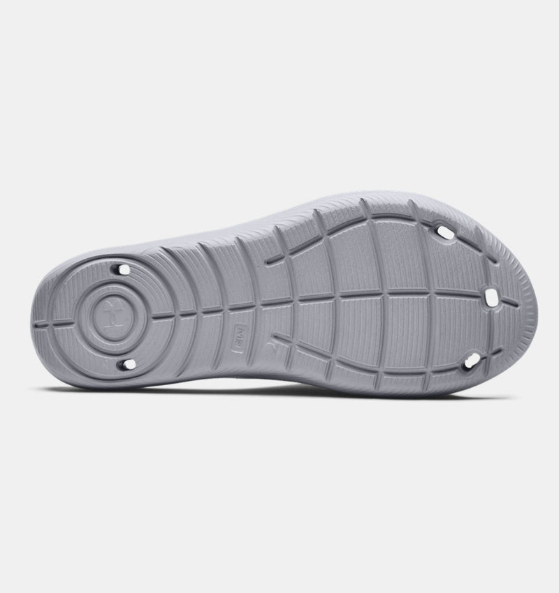 Under Armour Locker IV SL sandals outsole with textured grooves and drainage holes in gray rubber, bottom view