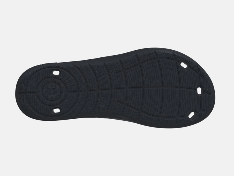 Under Armour Locker IV SL sandals outsole in black showing textured grip pattern and drainage holes.