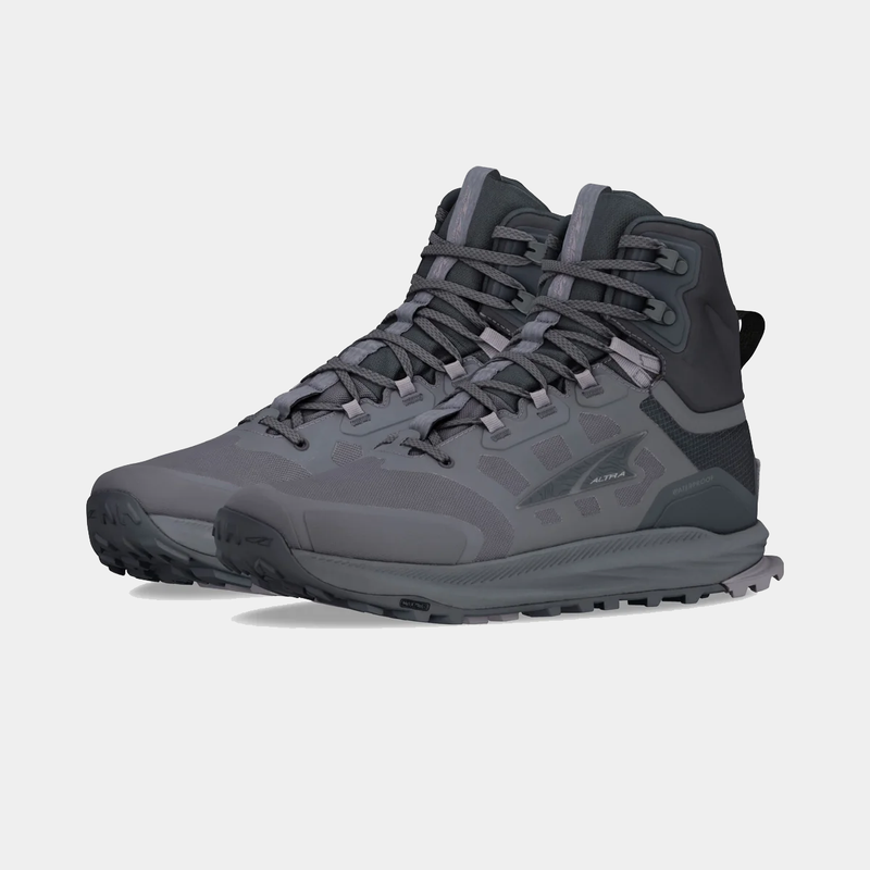 Altra Lone Peak 9 Waterproof Mid hiking boots in gray with mid-height design, waterproof membrane, and textured outsole, side angle.