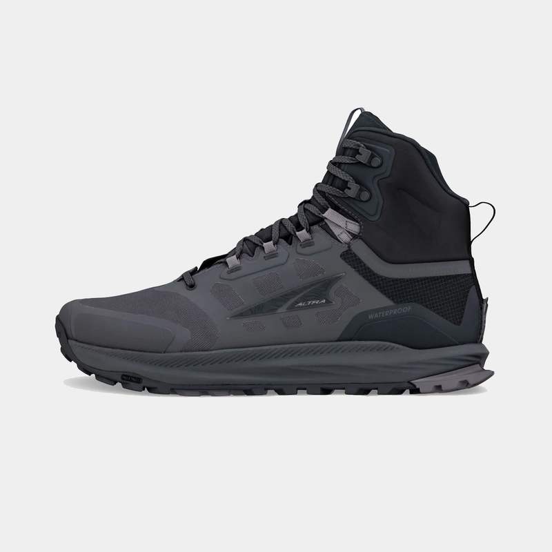 Altra Lone Peak 9 Waterproof Mid hiking boots in dark gray with waterproof upper and high-ankle design, side view