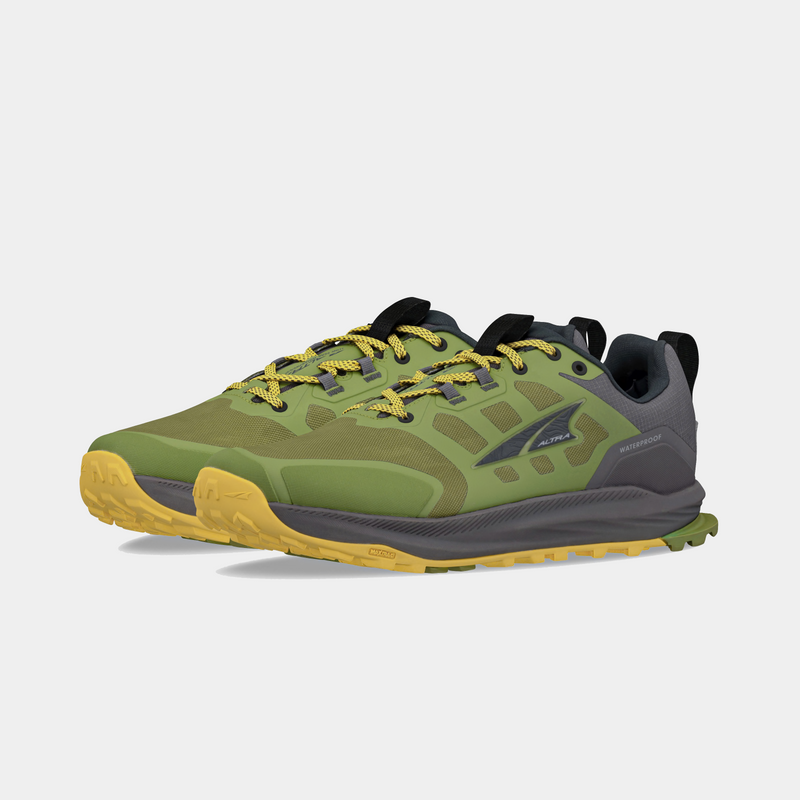 Altra Lone Peak 9 Waterproof trail running shoes in green and gray with yellow accents and durable outsole, front-side view.