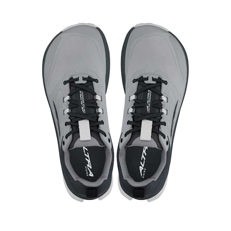 Altra Lone Peak 9 Waterproof trail-running shoes in gray and black with mesh upper and black lace system, top view.