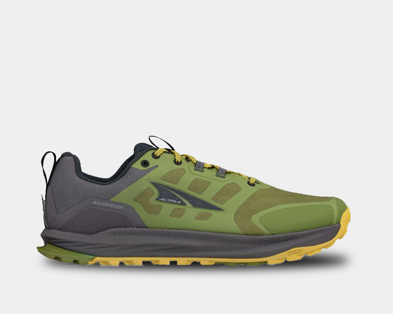 Altra Lone Peak 9 Waterproof trail running shoes in green with black accents, yellow laces, rugged outsole, and durable mesh upper, side view.