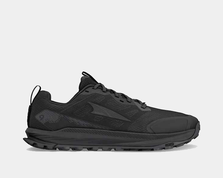 Altra Lone Peak 9 trail running shoes in all-black with mesh upper, reinforced toe box, and grippy outsole, side view.