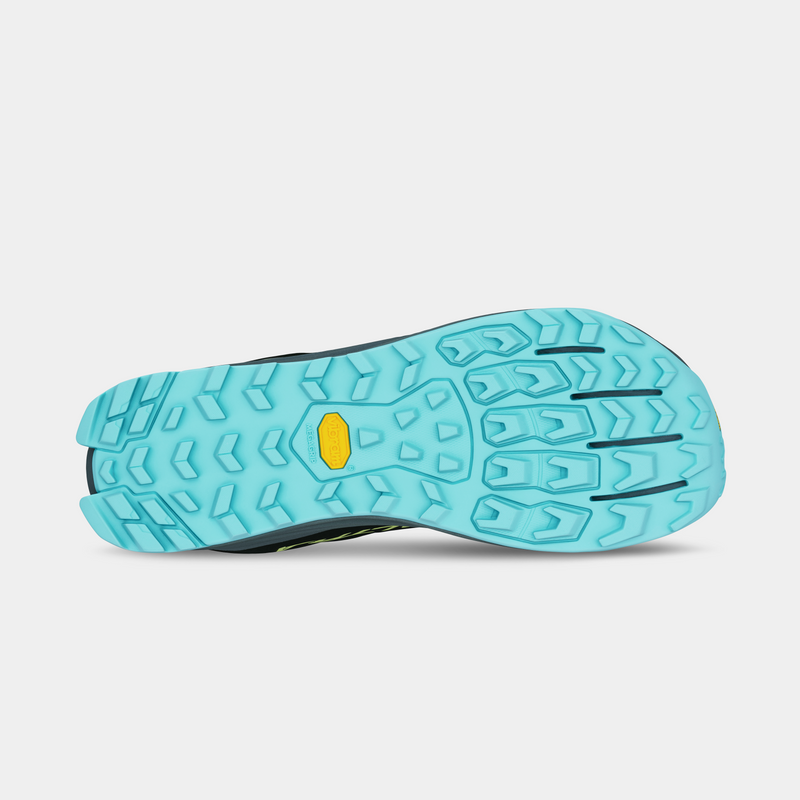Altra Lone Peak 9+ trail running shoe outsole with light blue Vibram Megagrip traction lugs and durable tread pattern, bottom view.