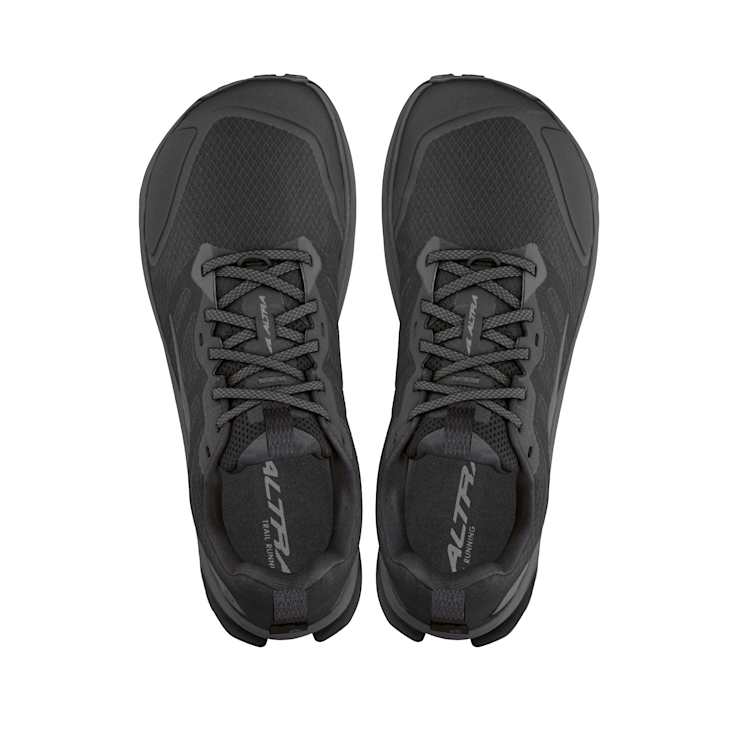 Altra Lone Peak 9 trail running shoes top view, black with breathable mesh upper and secure lace system.