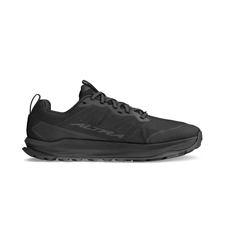 Altra Lone Peak 9 trail running shoes in black featuring mesh upper, cushioned midsole, and rugged outsole, side view.