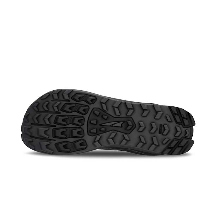 Altra Lone Peak 9 trail running shoes outsole with multi-directional lugs and durable black rubber, bottom view.