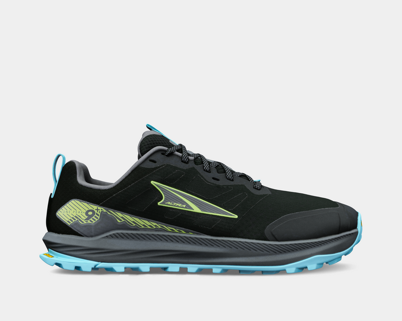 Altra Lone Peak 9+ trail running shoes in black with lime green logo detailing, blue outsole, and reinforced toe cap, side view.