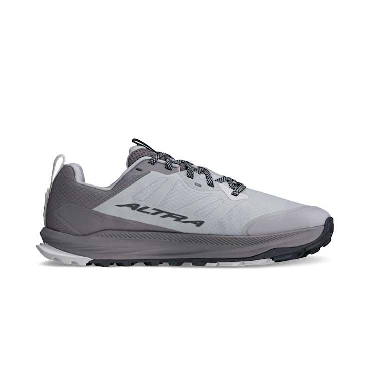 Altra Lone Peak 9 trail running shoes in gray and white with breathable mesh upper and grippy outsole, side view.