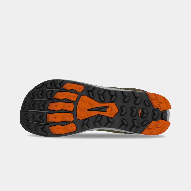 Altra Lone Peak Hiker 3 hiking boots outsole with multi-directional lugs in black and orange for traction, sole/bottom view.