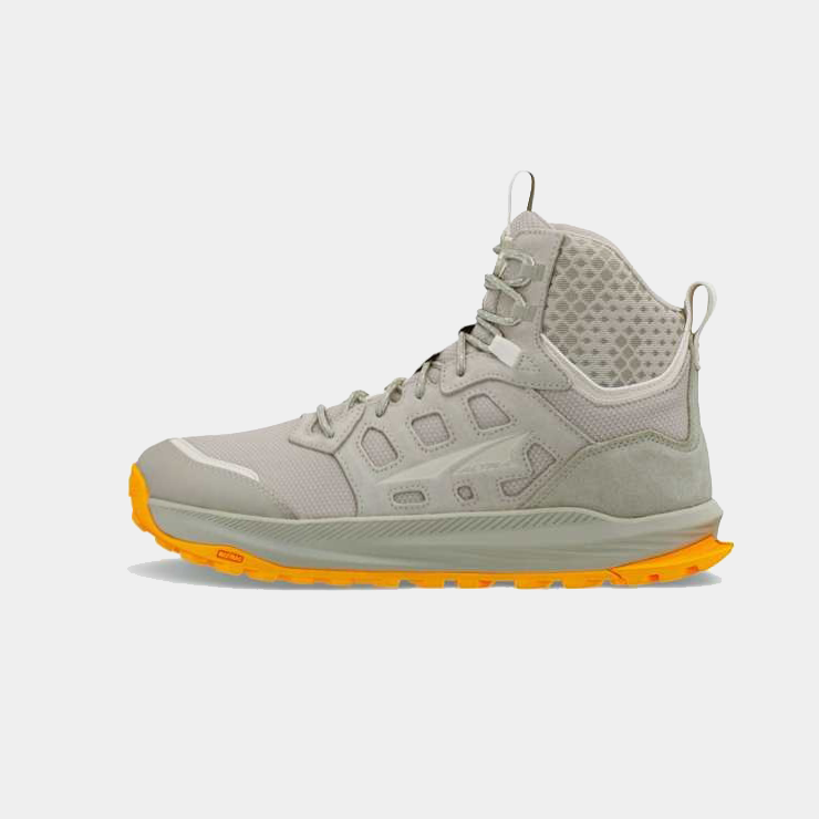 Altra Lone Peak Hiker 3 hiking shoes in gray with mesh and suede upper, orange outsole, and mid-top design, side view.