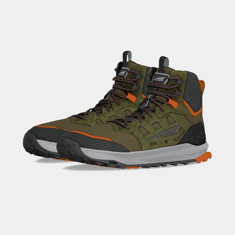 Altra Lone Peak Hiker 3 hiking boots in olive green with orange accents, durable mesh upper, and rugged outsole, side angle view.