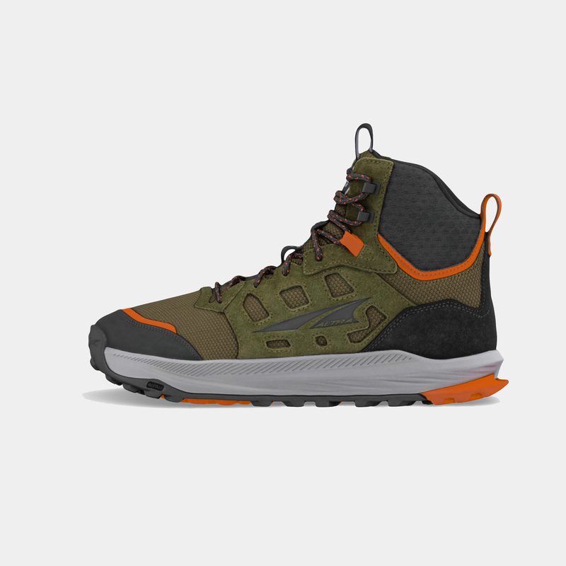 Altra Lone Peak Hiker 3 hiking boots in olive green with orange accents, mesh and suede upper, and rugged outsole, side view.