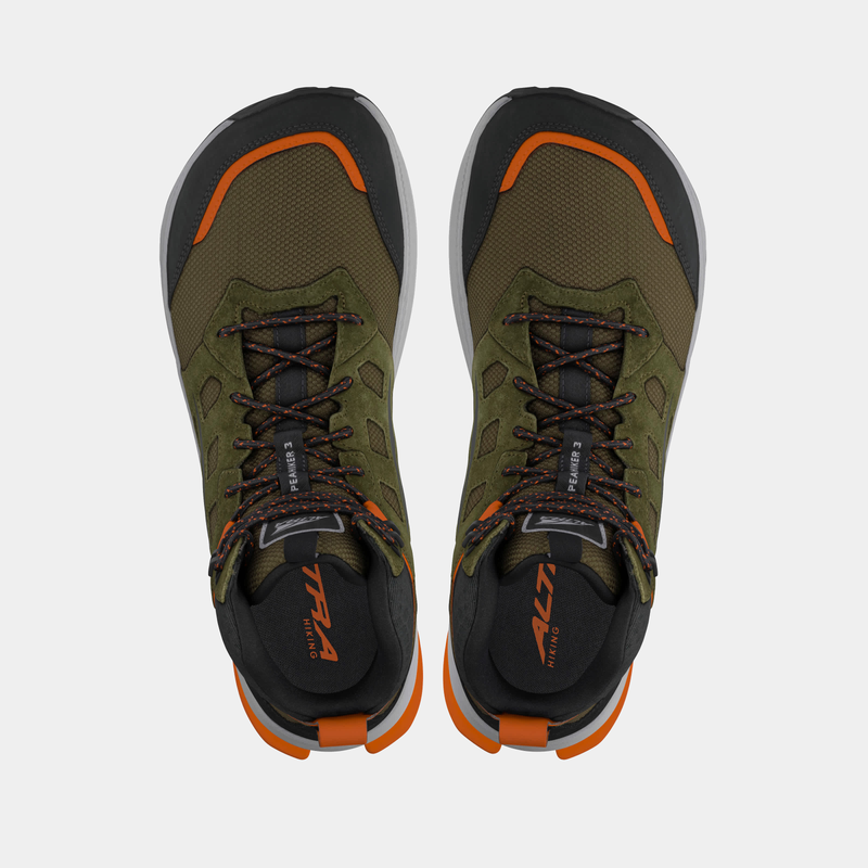 Altra Lone Peak Hiker 3 hiking shoes in olive green with orange accents and durable mesh upper, top view.