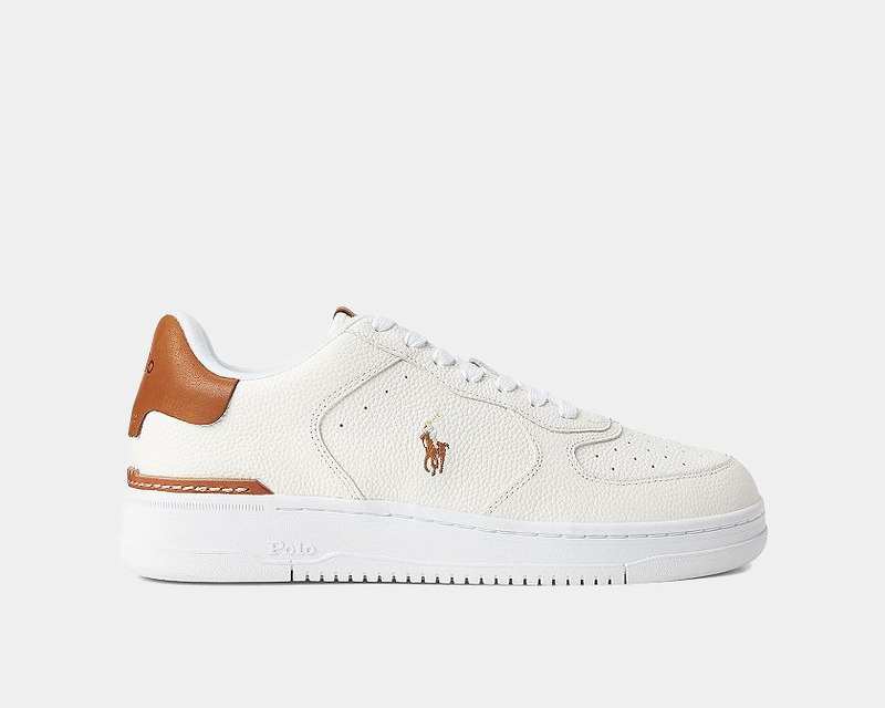 Polo Ralph Lauren Masters Court Leather sneakers in white textured leather with brown accents and embroidered logo, side view.