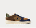 Polo Ralph Lauren Masters Court Suede & Tweed Sneaker in brown, navy, and tan suede with tweed accents, side view.