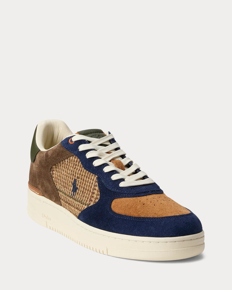 Polo Ralph Lauren Masters Court Suede & Tweed Sneaker, brown and navy suede with houndstooth tweed panels, front angle view.