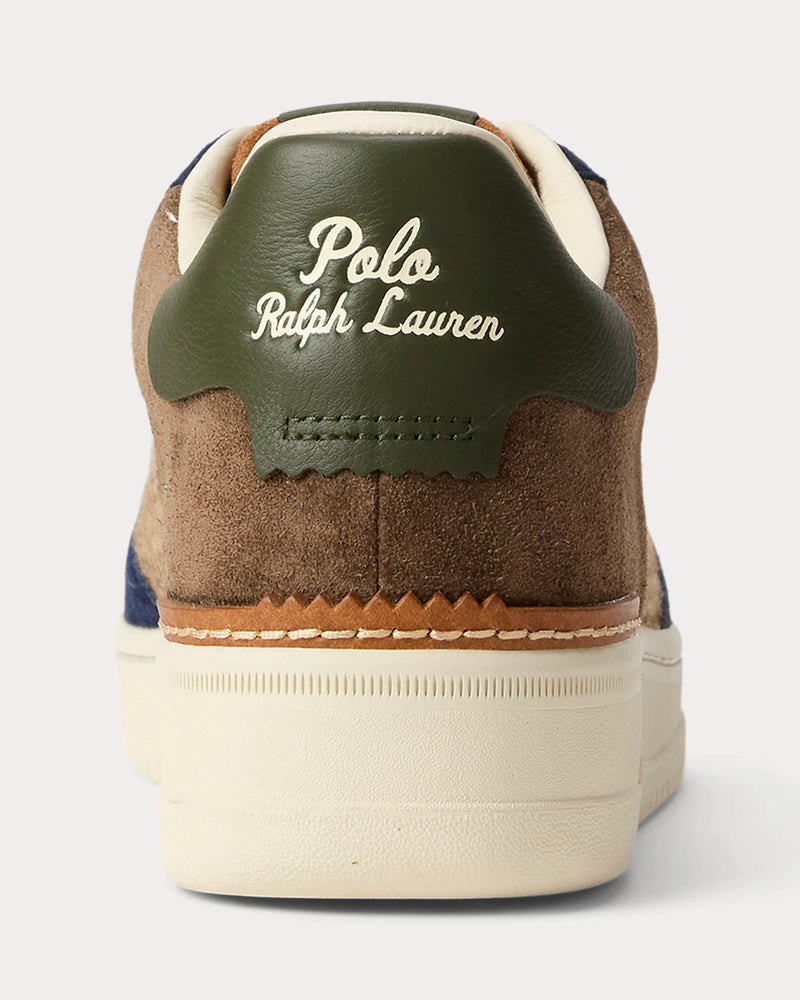 Polo Ralph Lauren Masters Court Suede & Tweed Sneaker back view featuring brown suede upper, green leather heel tab with embossed branding, and cream rubber sole.