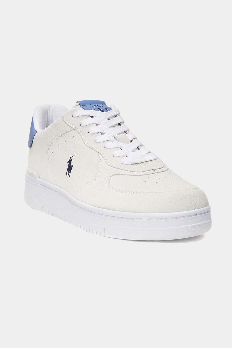 Polo Ralph Lauren Masters Court Suede shoes in white with a suede upper, blue accents, iconic polo player logo, front angled view.