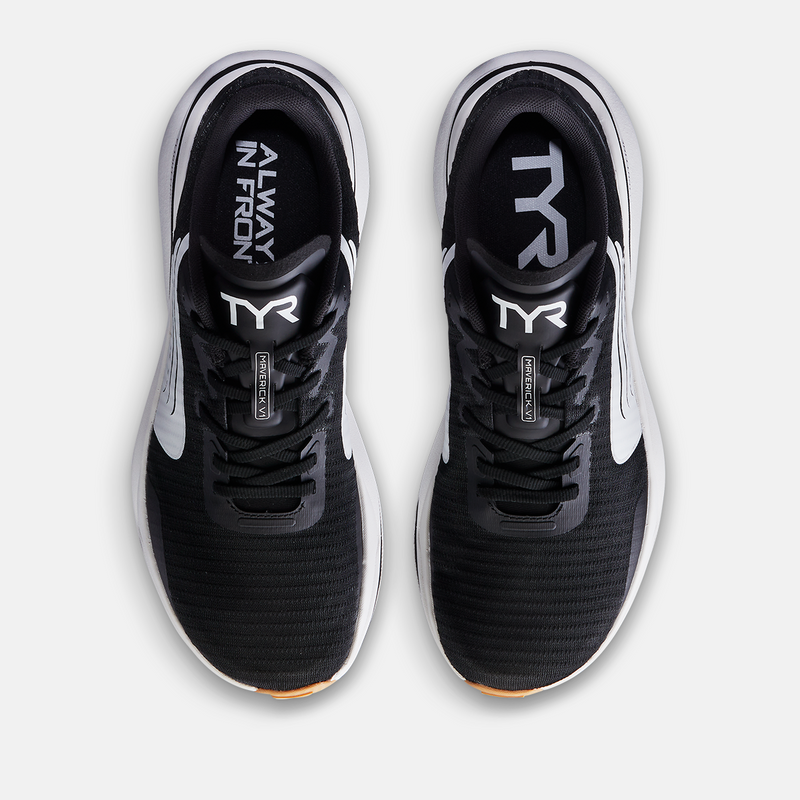 TYR Maverick V1 Runner running shoes in black with breathable mesh upper, lace-up closure, and branding detail, top view.