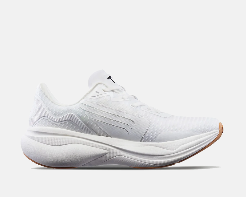 TYR Maverick V1 Runner shoes in white with textured mesh upper, streamlined design, and cushioned sole, side view.