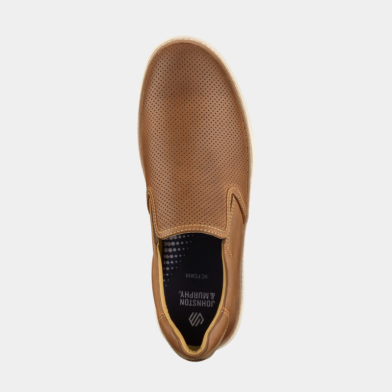 Johnston & Murphy McGuffey 2 Perfed Slip-On shoe in tan leather with perforated design, top view.