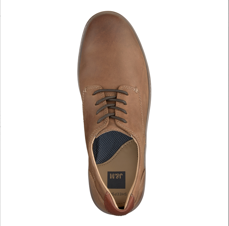 Johnston & Murphy McGuffey Plain Toe shoes in tan leather with lace-up closure and cushioned footbed, top view.
