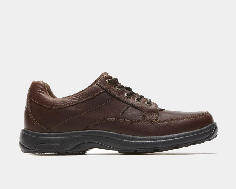 Dunham Midland Oxford shoes in dark brown leather with detailed stitching and lace-up design, side view.