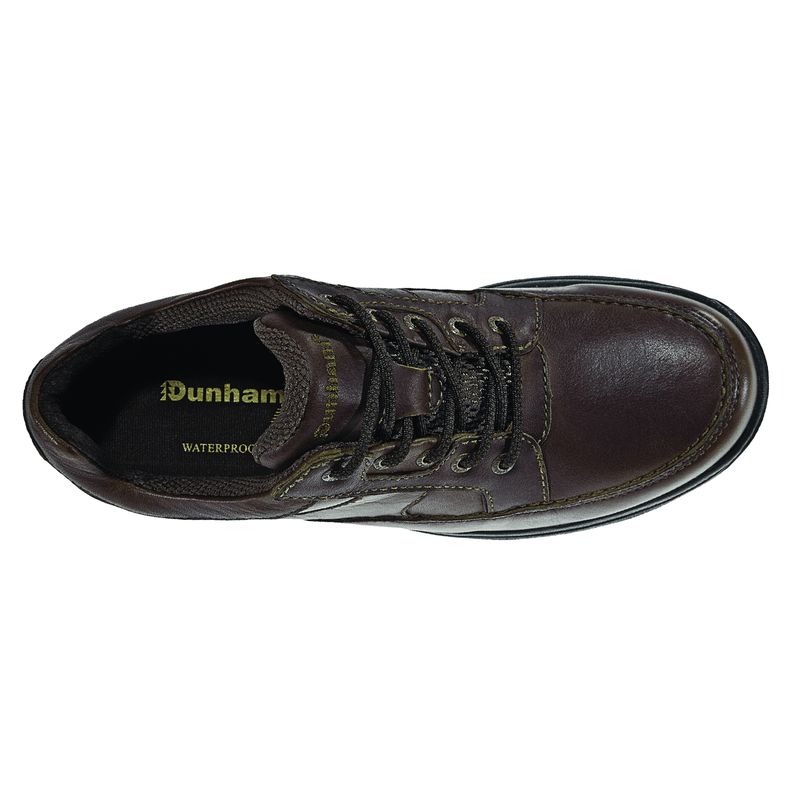 Dunham Midland Oxford shoes in dark brown leather with waterproof construction and lace-up closure, top view.