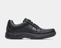 Dunham Midland Service shoes in black leather with lace-up closure, cushioned sole, and textured outsole, side view.
