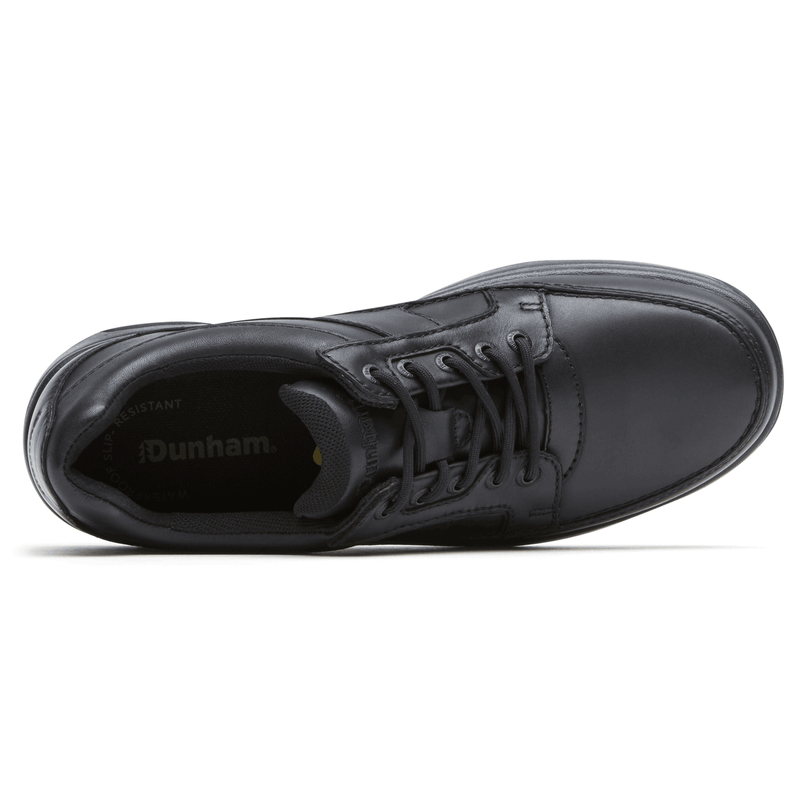 Dunham Midland Service shoes in sleek black leather with lace-up closure, padded collar, and slip-resistant sole, top view.
