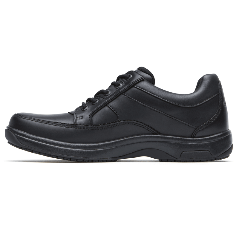 Dunham Midland Service shoes in black full-grain leather with padded collar and durable outsole, side view.