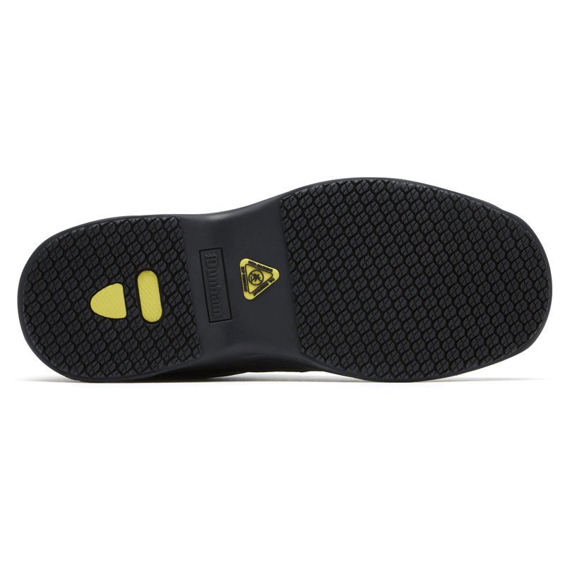 Dunham Midland Service shoe outsole in black rubber with textured tread and yellow slip-resistant accents, bottom view.