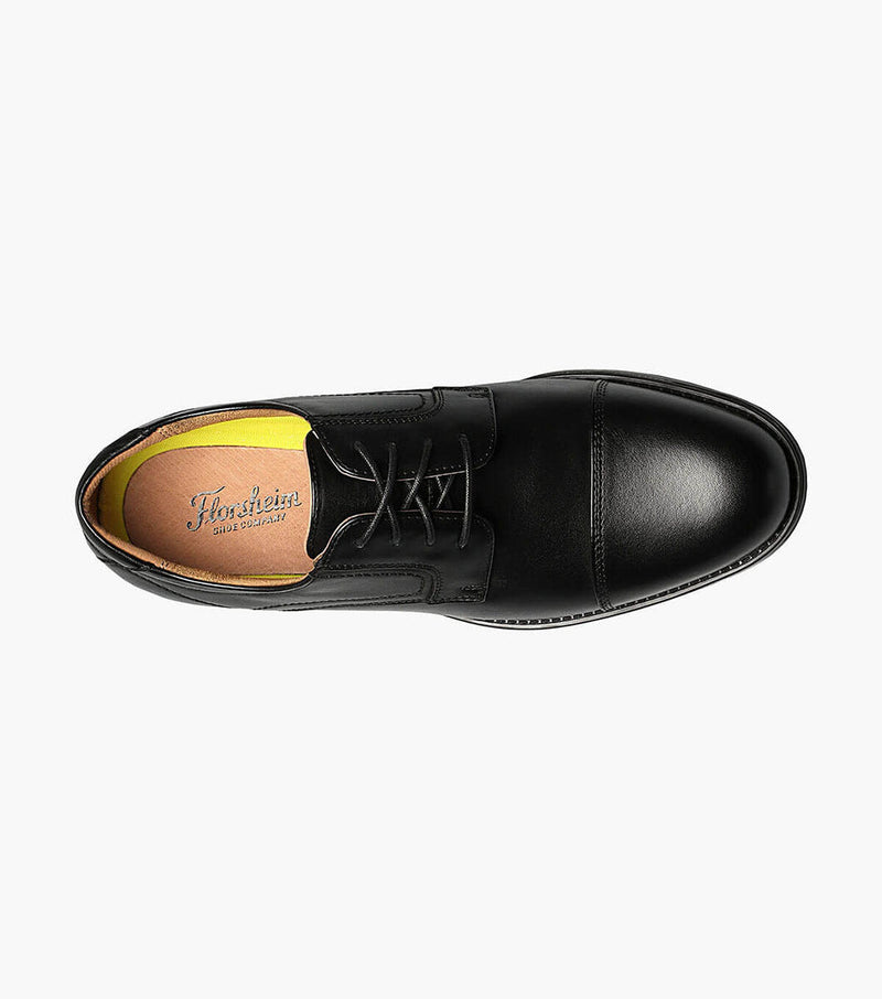 Florsheim Midtown Cap Oxford dress shoes in black leather with cap-toe design and cushioned insole, top view.