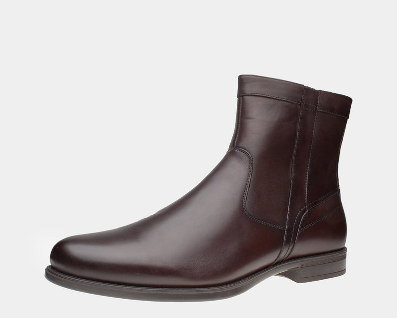 Florsheim Midtown PT Zipper Boot in dark brown leather with sleek stitching and side zipper detail, side view.