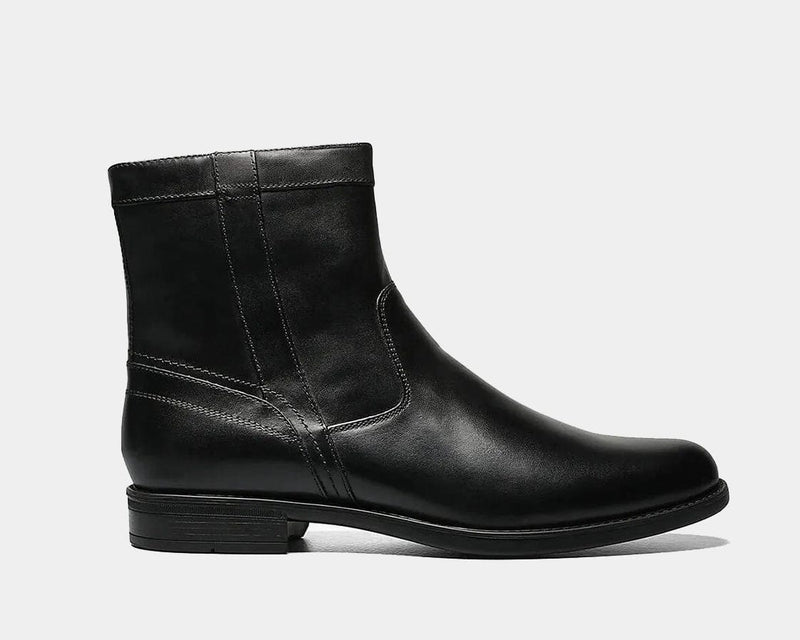 Florsheim Midtown PT Zipper Boot black leather with sleek stitching and stacked heel, side view.