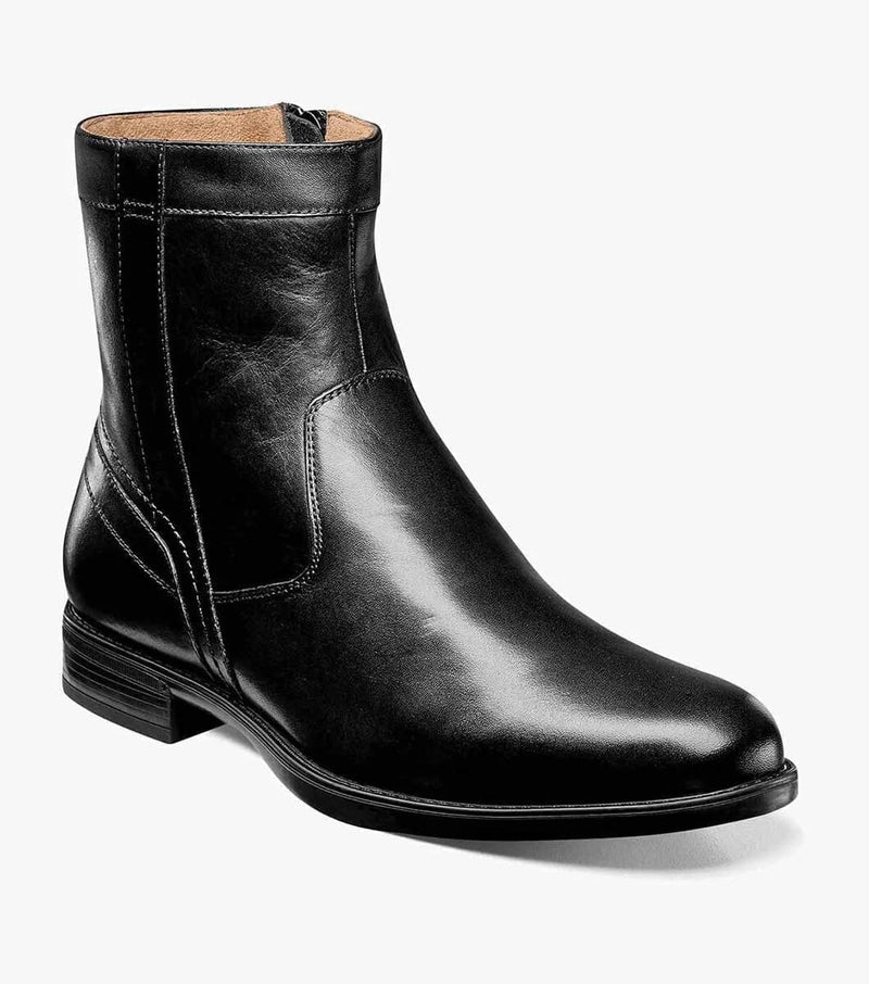 Florsheim Midtown PT Zipper Boot in smooth black leather with stitching details and side zipper, angled front view.