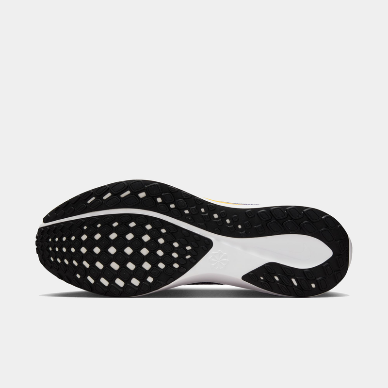 Nike Minnesota Vikings Pegasus 41 running shoes outsole with black rubber tread and white midsole, sole/bottom view.